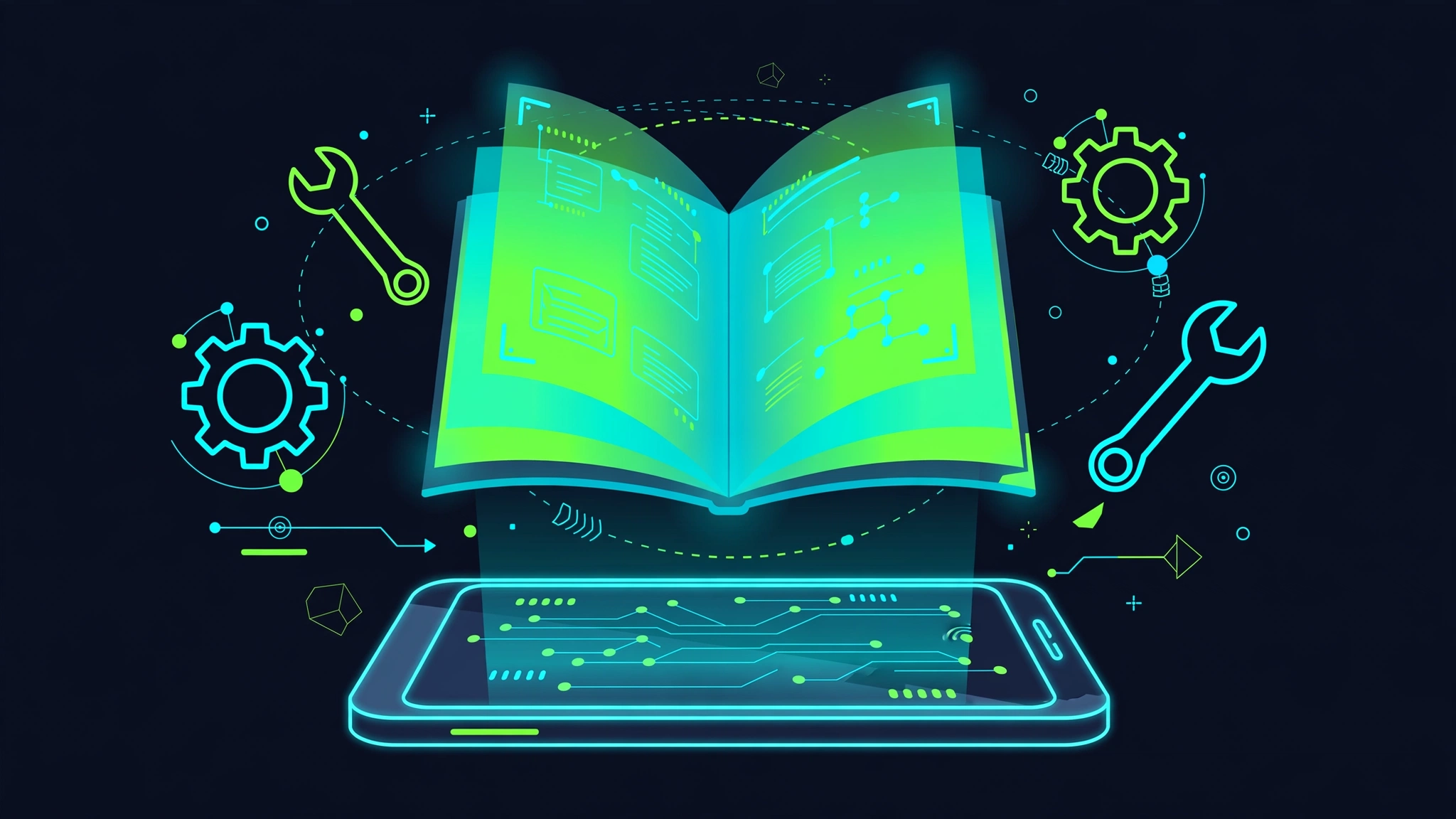 Open guidebook with glowing pages above an Android smartphone, tutorial concept