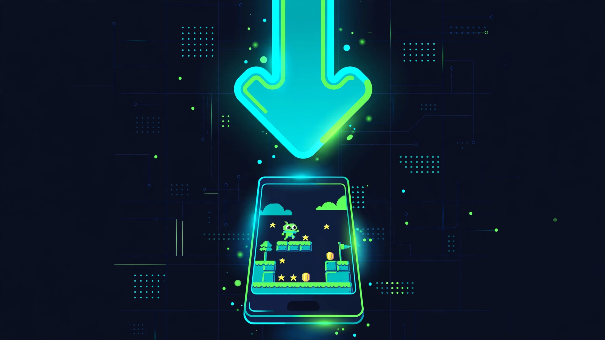 Hand holding an Android phone tapping the download button for the Winlator APK on the GitHub releases page